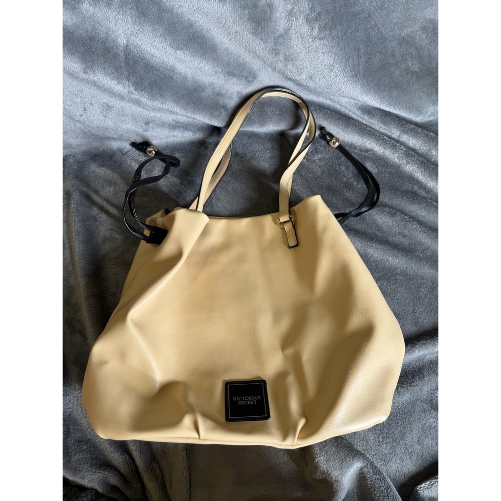 Victoria's‎ Secret Tote Bag Womens Large Beige Faux Leather Drawstring 11203224